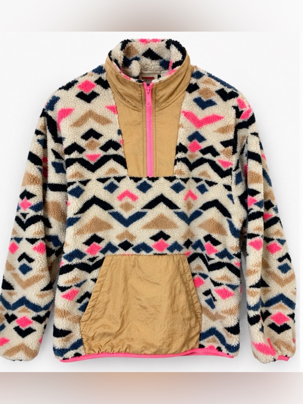 Levi's Aztec Sherpa Pullover in Cream, Pink, Tan & Navy